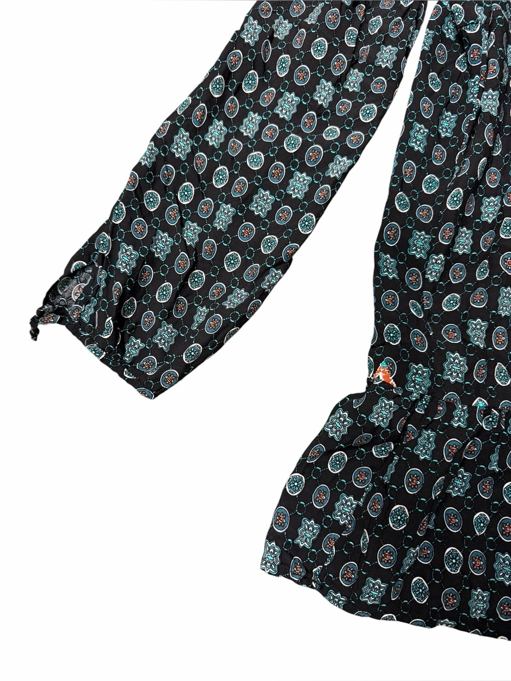Umgee Boho Paisley Peasant Tunic Top Large Black Teal Ruffle Hem - Picture 3 of 9